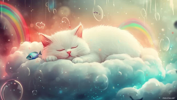 A chubby cat sleeping on a fluffy cloud, dreaming of fish and mice, with pastel colored rainbows and stars around it.