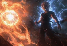 A cinematic Cool Goku wallpaper showing Goku staring down his opponent with energy gently swirling.