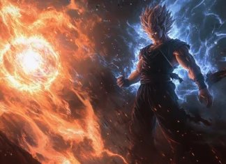 A cinematic Cool Goku wallpaper showing Goku staring down his opponent with energy gently swirling.