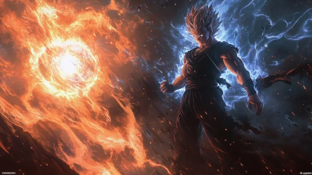 A cinematic Cool Goku wallpaper showing Goku staring down his opponent with energy gently swirling.
