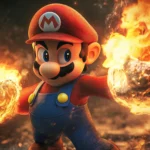 A cinematic Cool Mario Wallpaper where Mario strikes a heroic pose with fire in both hands.
