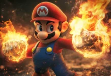 A cinematic Cool Mario Wallpaper where Mario strikes a heroic pose with fire in both hands.