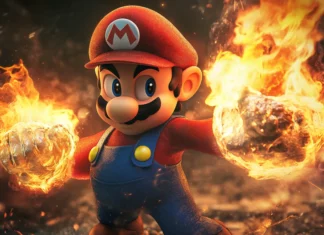 A cinematic Cool Mario Wallpaper where Mario strikes a heroic pose with fire in both hands.
