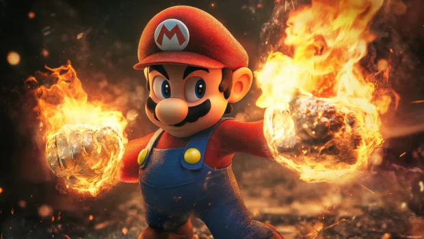 A cinematic Cool Mario Wallpaper where Mario strikes a heroic pose with fire in both hands.