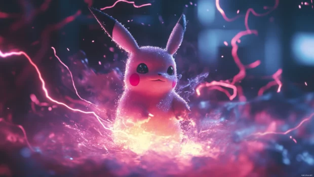 A cinematic Pikachu Wallpaper for Desktop with high definition detail of Pikachu surrounded by lightning.