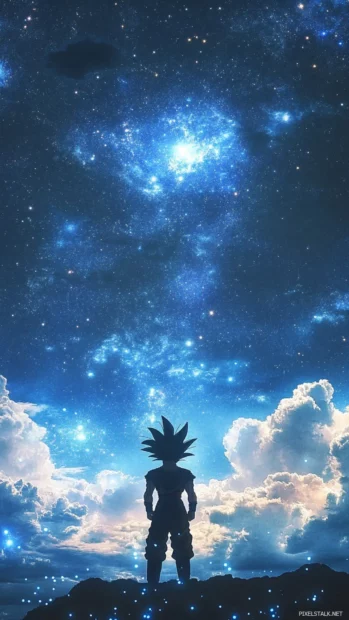 A cinematic Son Goku iPhone Wallpapers where Goku prepares a Kamehameha under a starlit sky.