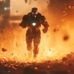 A cinematic frame captures Iron Man Stealth Suit as he dashes through glowing debris at the edge of a broken city.