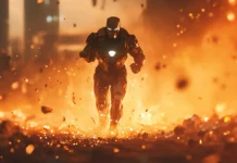 A cinematic frame captures Iron Man Stealth Suit as he dashes through glowing debris at the edge of a broken city.