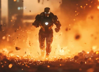 A cinematic frame captures Iron Man Stealth Suit as he dashes through glowing debris at the edge of a broken city.