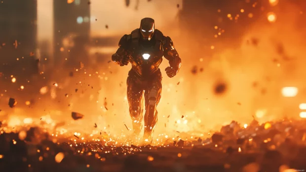A cinematic frame captures Iron Man Stealth Suit as he dashes through glowing debris at the edge of a broken city.