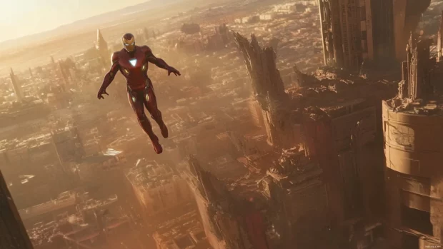 A cinematic frame captures Iron Man in Desert as he hovers above the city surrounded by futuristic ruins.
