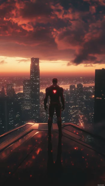 A cinematic frame captures Iron Man in Space as he stares into the horizon on the rooftop of Stark Tower.