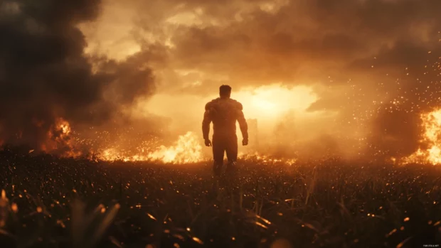 A cinematic frame captures Iron Man in Storm as he stares into the horizon in a field of smoke and flame.