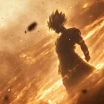 A cinematic moment shows Goku turning slowly with dust and energy swirling around him.