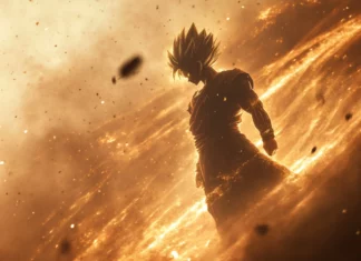 A cinematic moment shows Goku turning slowly with dust and energy swirling around him.
