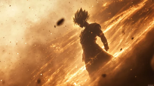 A cinematic moment shows Goku turning slowly with dust and energy swirling around him.