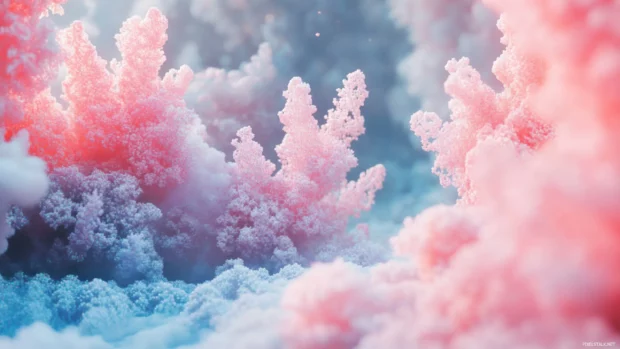 A cinematic perspective of Fractal Garden in pastel vapor tones.