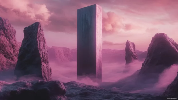 A cinematic perspective of Futuristic Monolith in pastel vapor tones.
