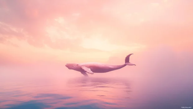 A cinematic perspective of Sky Whale in pastel vapor tones.