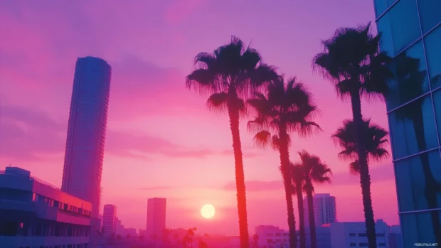A cinematic perspective of Vaporwave Sunset in pastel vapor tones.