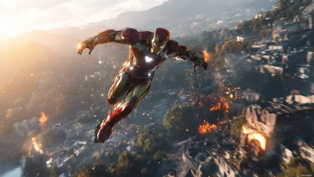 A cinematic pose of Iron Man flying over a futuristic battlefield, ideal for a cinematic iron man desktop wallpapers.