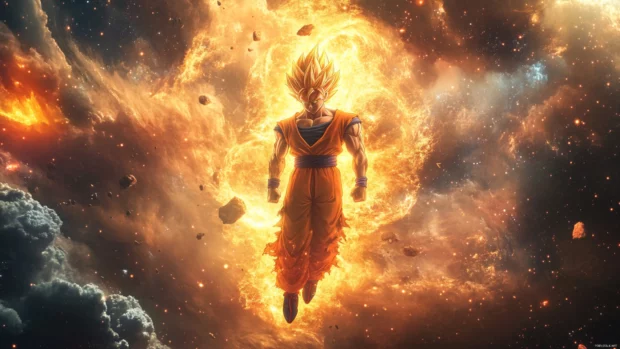 A cinematic super saiyan wallpaper with Goku floating in space surrounded by a golden storm.