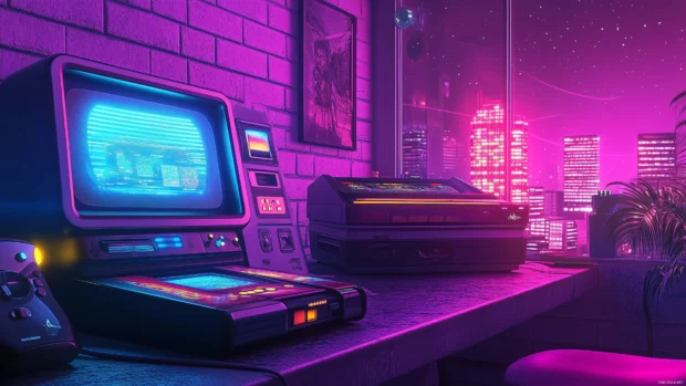 A classic 80s arcade scene with neon lights, colorful retro consoles, and glowing futuristic decor, Retro style.