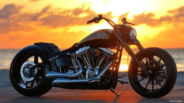A classic Harley Davidson silhouette against sunrise, best rated Harley Davidson wallpapers PC.