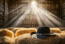 A classic cowboy hat and lasso resting on a hay bale in a sunlit barn, with beams of light streaming through the wooden slats.