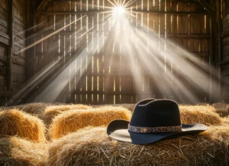 A classic cowboy hat and lasso resting on a hay bale in a sunlit barn, with beams of light streaming through the wooden slats.