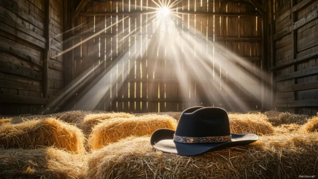 A classic cowboy hat and lasso resting on a hay bale in a sunlit barn, with beams of light streaming through the wooden slats.