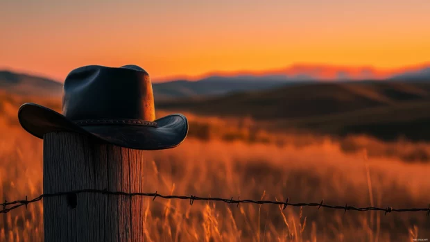 A classic cowboy hat resting on a wooden fence post, with the golden hour light casting long shadows across the dusty plains.
