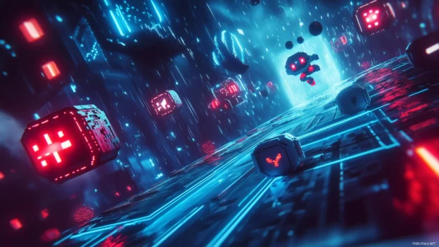 A classic gaming inspired wallpaper showcasing an 8 bit character jumping over pixelated obstacles on a futuristic neon platform.