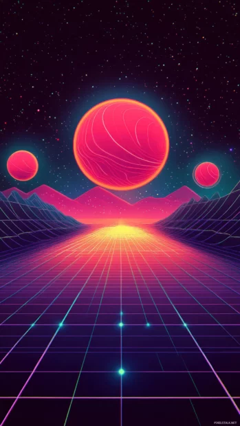 A classic trippy wallpaper, showcasing a retro space scene with glowing planets, ideal for iPhone.