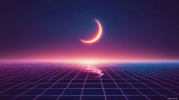 A clean and elegant retrowave neon grid with subtle highlights and a glowing moon hovering above a dark, serene backdrop, Retro style.