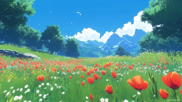A clearing filled with pretty poppies under a cerulean sky.