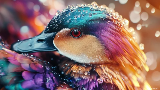 A close up Duck wallpaper showing a colorful duck with water droplets on its feathers.