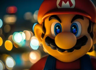 A close up character portrait of Super Mario in vibrant 4K clarity with a soft blur background.