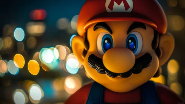 A close up character portrait of Super Mario in vibrant 4K clarity with a soft blur background.