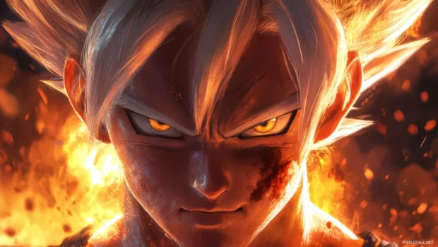 A close up of Gokus focused expression as he readies for battle.