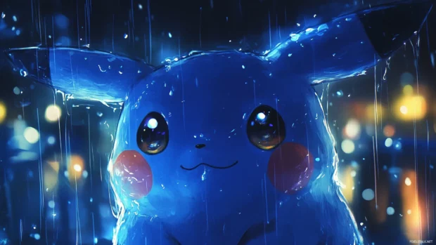 A close up of Pikachus face lit by a soft blue glow as rain begi.