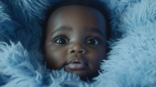 A close up of a baby boy face with big, sparkling eyes and a soft smile, framed by fluffy blue blankets.