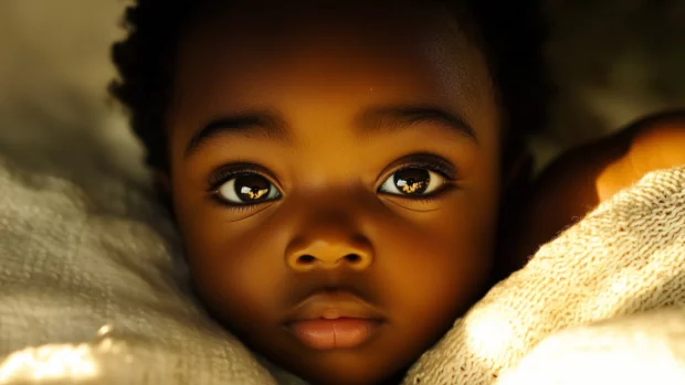 A close up of a baby boy lying on a soft white blanket, his bright eyes reflecting a warm, golden light.