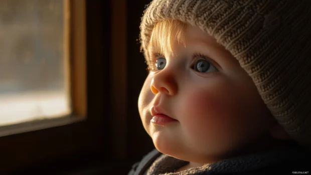 A close up of a baby boy wearing a knitted beanie, his face lit with natural sunlight from a nearby window.