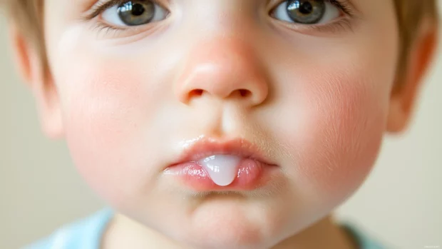 A close up of a baby boy with a tiny droplet of milk on his lips, looking serene and peaceful against a soft pastel background .