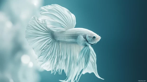 A close up of a betta fish detailed, shimmering fins, with its body reflecting light, swimming in a tranquil aquatic environment.