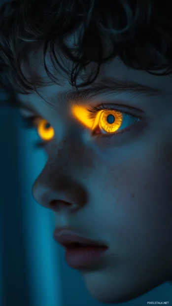 A close up of a boy face, illuminated by the glow of a smartphone screen in a dimly lit room.