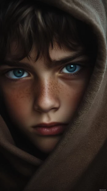 A close up of a boy face partially covered by a hoodie, his piercing blue eyes glowing against a moody background.