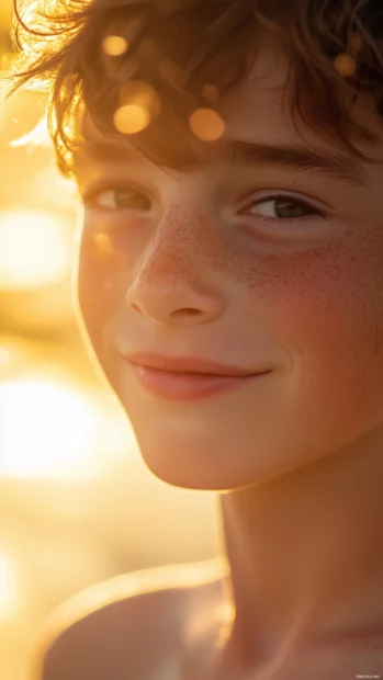 A close up of a boy face with a big smile, dimples showing, and golden hour sunlight framing his joyful expression.