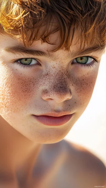 A close up of a boy face with freckles, bright green eyes, and a playful smirk, sunlight gently highlighting his features.